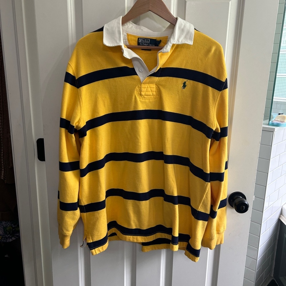 Like new Polo Ralph Lauren Yellow and Navy Striped Rugby Shirt size Large - Picture 2 of 9